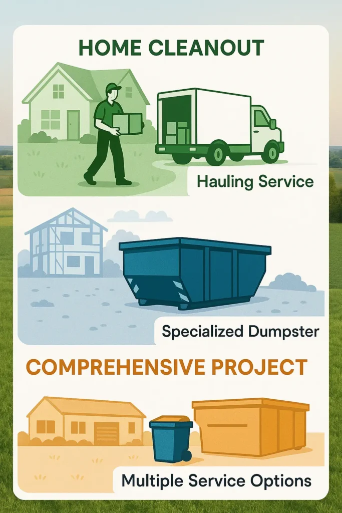 Infographic showing project scenarios matched to optimal waste management solutions. Top section shows home cleanout with hauling service, middle shows construction site with specialized dumpster, bottom shows comprehensive project with multiple service options