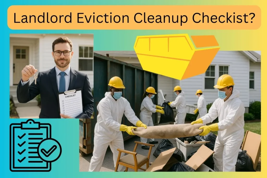 a combination image of workers efficiently clearing property with large dumpster visible contrasted with a confident landlord with keys, clean property background, clipboard with his eviction cleanup checklist