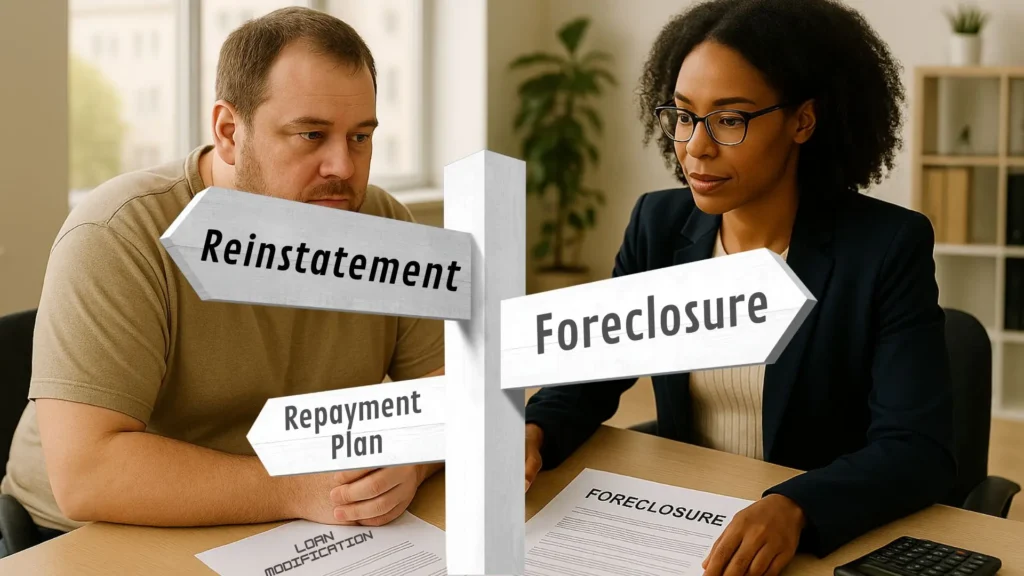 Homeowner meeting with housing counselor to review foreclosure prevention options and loan modification paperwork, a signpost in the foreground shows 2 possible options to avoid foreclosure