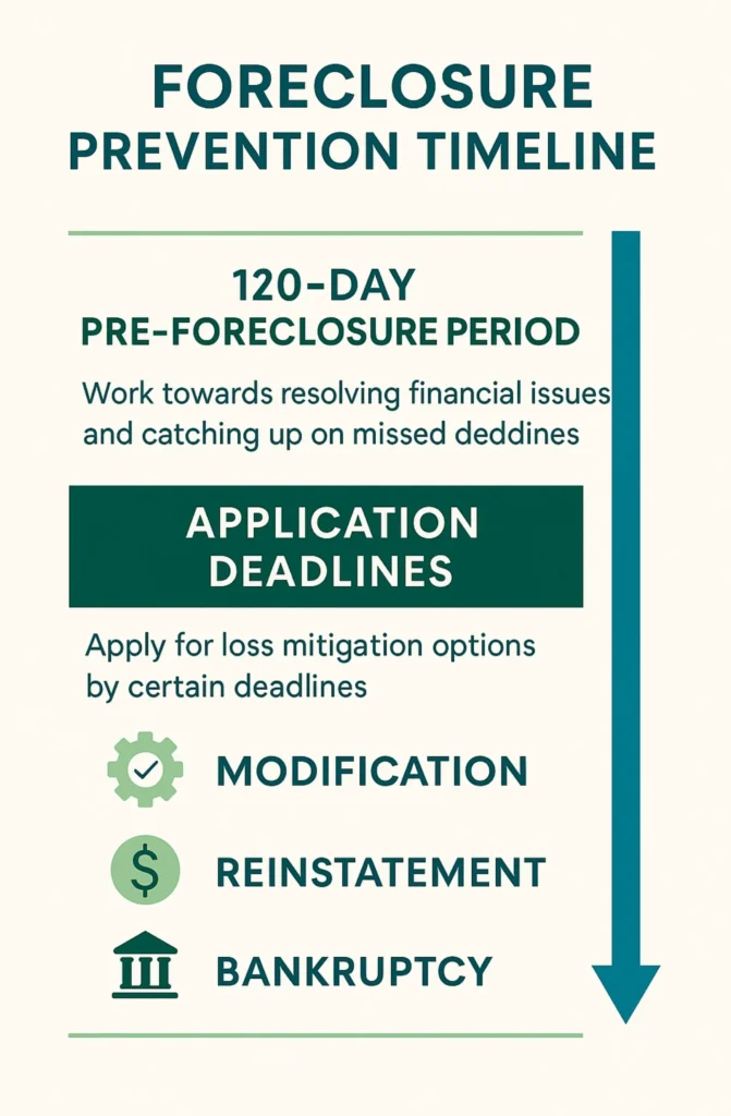 Infographic showing foreclosure prevention timeline with key deadlines and available options for people wondering can you save a house once It's in foreclosure
