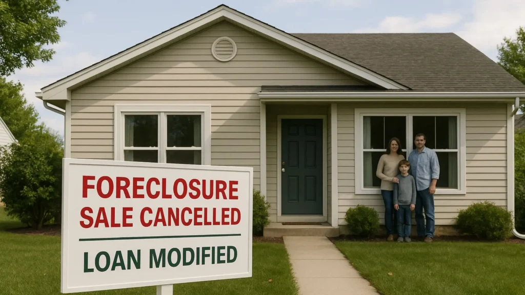 House with cancelled foreclosure sign showing successful foreclosure prevention and family keeping their home