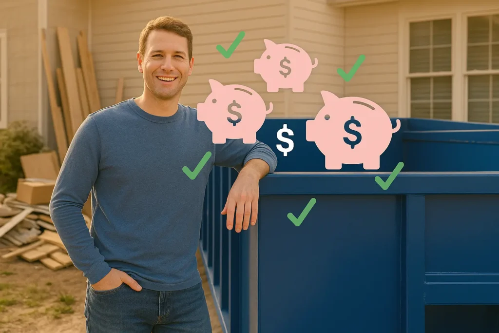 a smiling homeowner leaning against a blue dumpster rental with piggy bank graphics indicating he is saving money