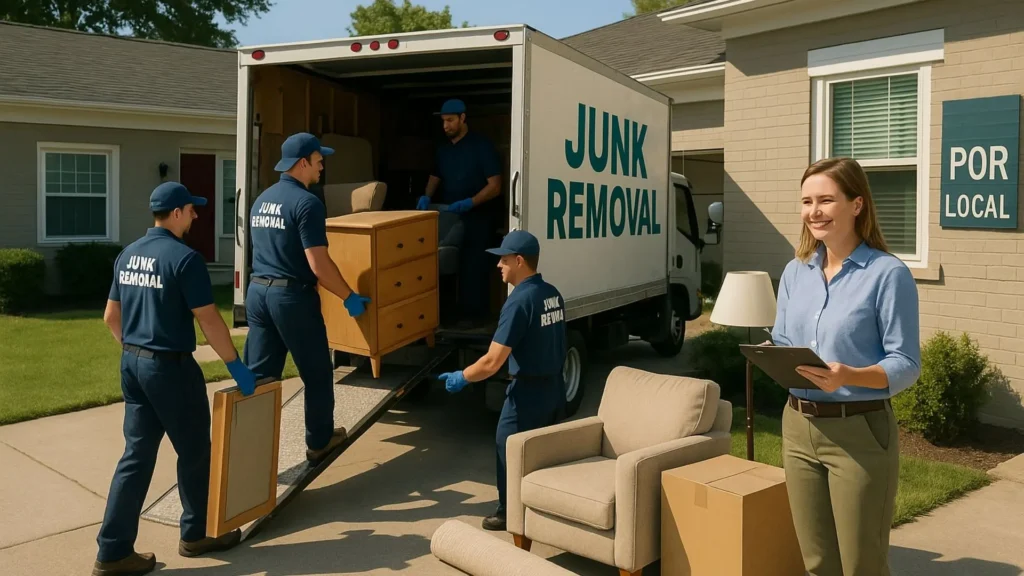 a professional junk removal services team efficiently loading furniture and household items into a truck outside a typical Peoria rental property. The workers are wearing uniforms and safety gear, during their organized loading process, a satisfied property owner looks on with clipboard checking items off her list.