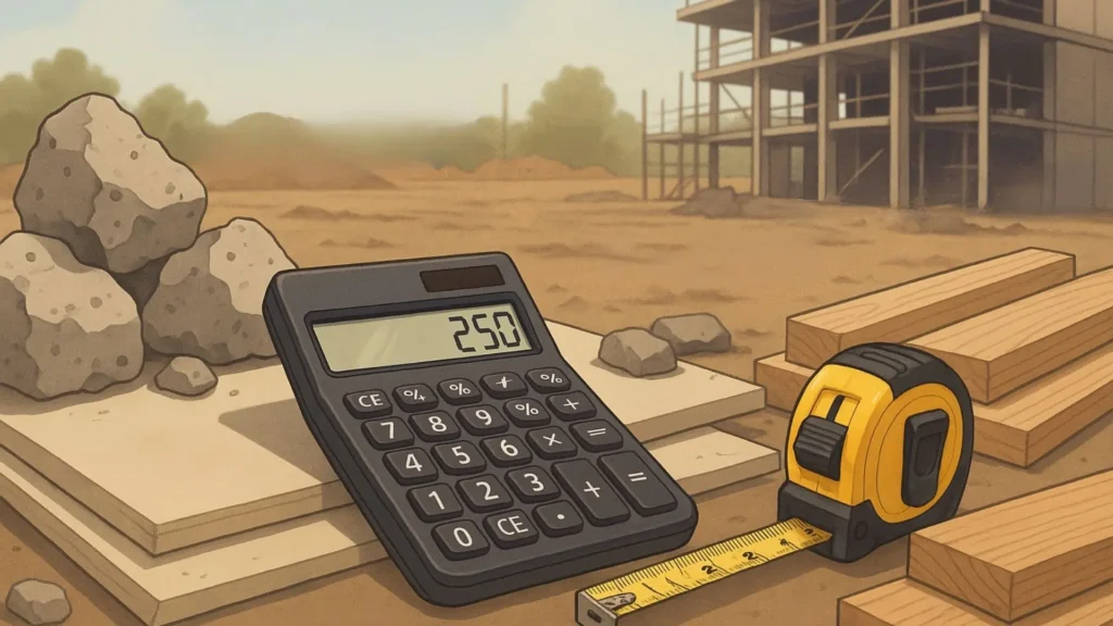 a tape measure and calculator at a construction site ready to estimate C&D waste volumes