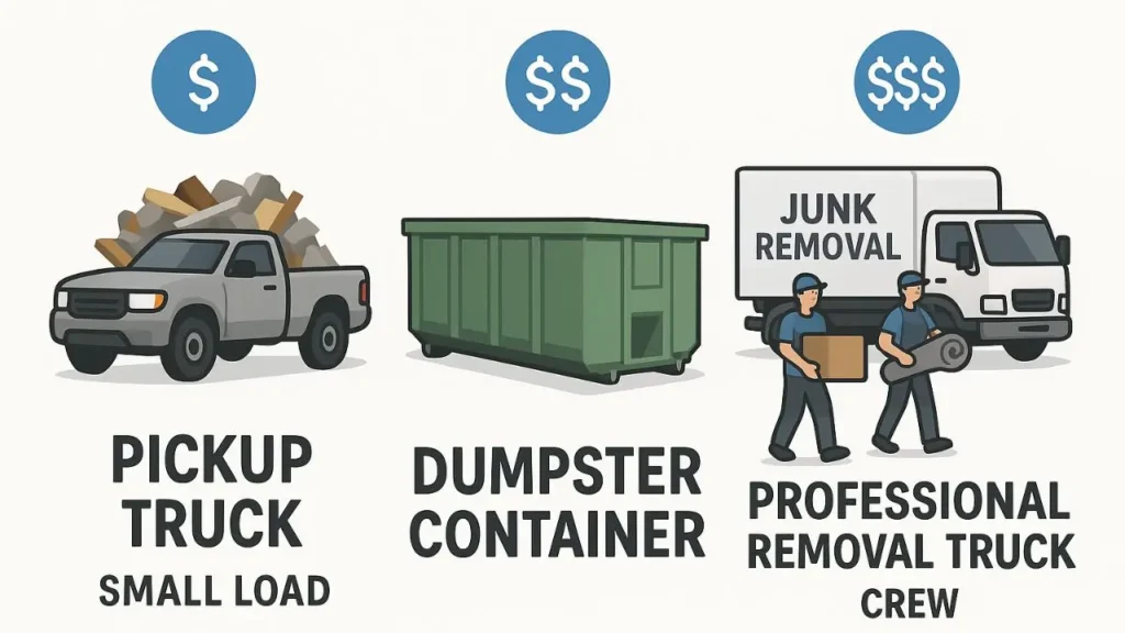 a graphic showing 3 options on how to get construction debris from your yard, using a pickup truck, a dumpster rental and a fully staffed junk removal service, price bracket symbols show relative cost levels