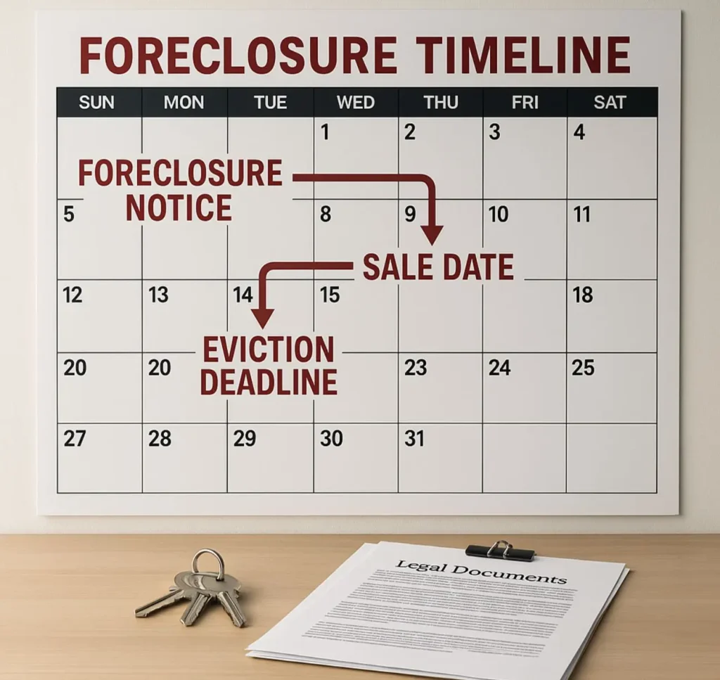 a calendar based timeline from foreclosure notice through sale date and eviction deadline to help answer how long can you stay after foreclosure