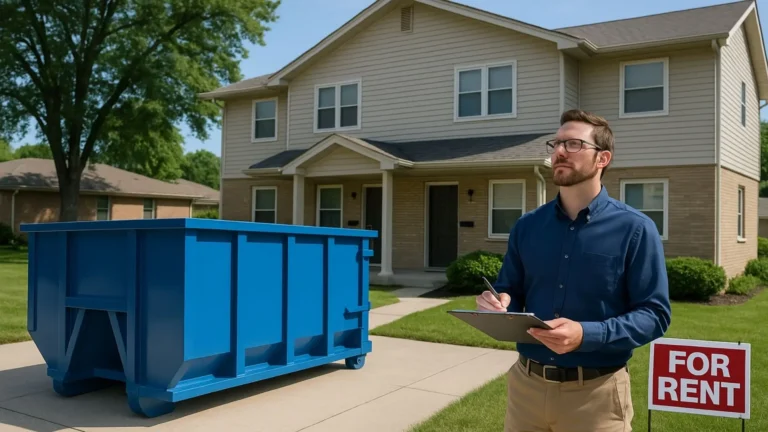 Property manager with clipboard overseeing tenant cleanouts at a clean duplex rental property in Peoria, Illinois, featuring a blue roll-off dumpster in the driveway and a 'For Rent' sign on the lawn.