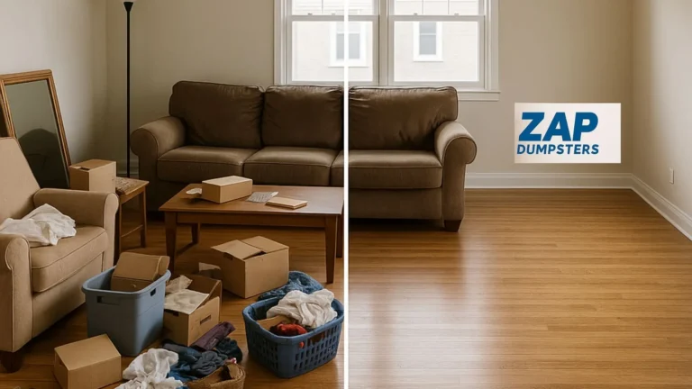 Split-screen image of a tenant cleanout transformation by Zap Dumpsters, showing a cluttered apartment living room on the left and the same space completely clean and empty on the right, with professional branding in the corner