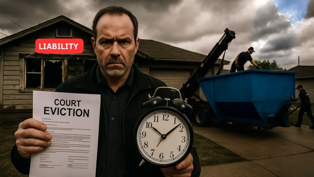 a dramatic landscape photograph showing a landlord holding court eviction papers with a large clock showing urgent time pressure, standing outside a damaged Peoria rental property. Include a blue Zap Dumpsters container being delivered in the background with professional crew working efficiently on the eviction cleanup dumpster rentals process
