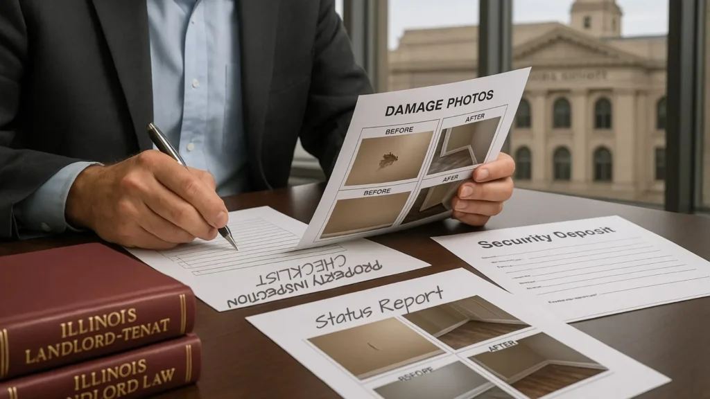 a property owner reviewing legal documents and tenant damage photos at a desk, with Illinois landlord-tenant law books visible. Include property inspection checklist, security deposit forms, and before/after photos of rental property damage. Professional legal consultation setting with Peoria legal office background