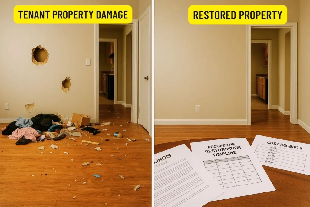 A split image showing a damaged and untidy room on one side and a repaired and cleaned up one on the other side to help illustrate how quickly things can get sorted when you know your landlord rights when tenant leaves mess