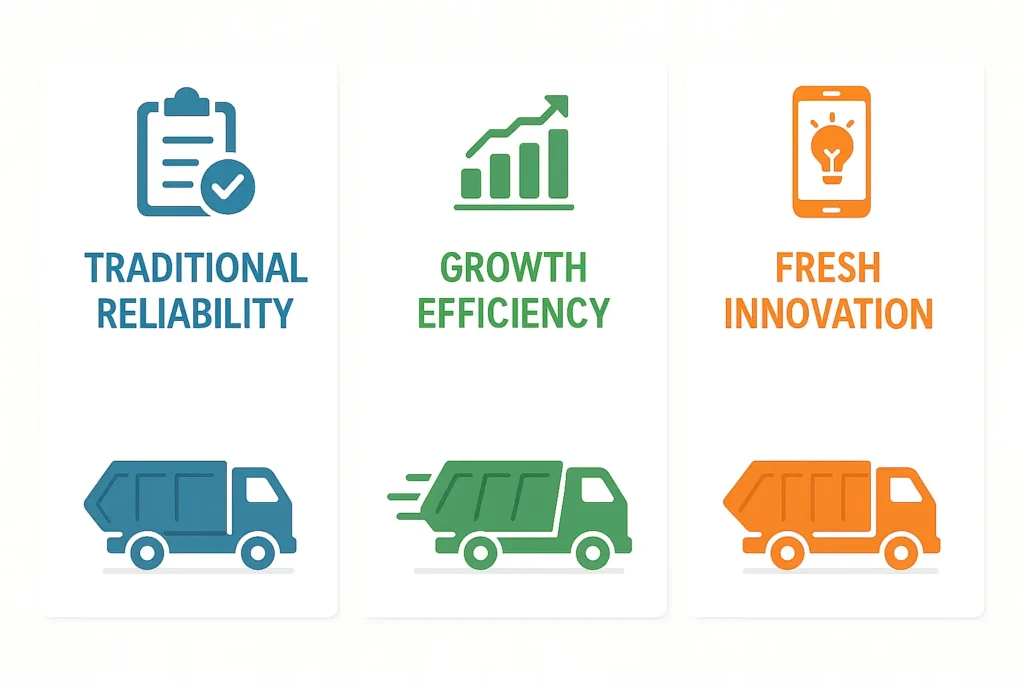 a graphic to illustrate how tradition, efficiency and innovation all add positives to industries such as the 3 dumpster rental companies shown