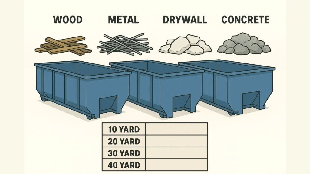 various construction debris types (concrete, wood, drywall, metal) with corresponding roll-off container recommendations tp help in selecting the right roll-off dumpster