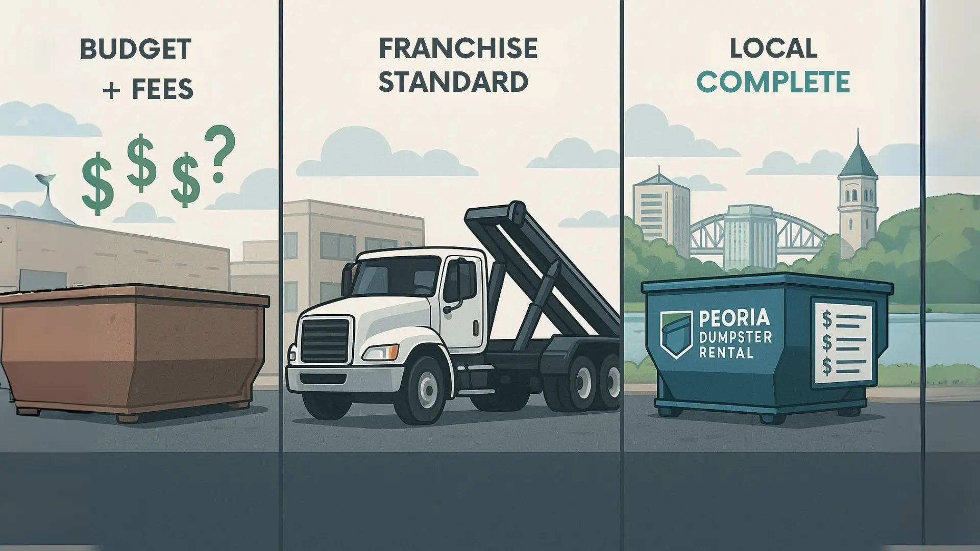 a 3 panel image illustrating how fees should be incorporated into budgeting for a dumpster rental as well as taking into account the differences between local firms and franchises