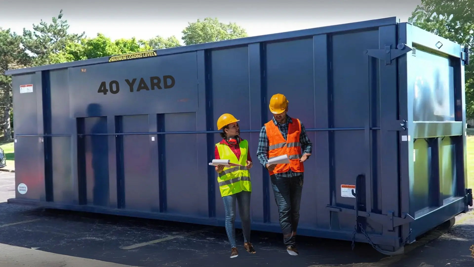 two contractors standing by the largest dumpster rental that Zap Dumpsters Peoria offers as a stand alone. The contractors heights show the scale and height of the dumpster