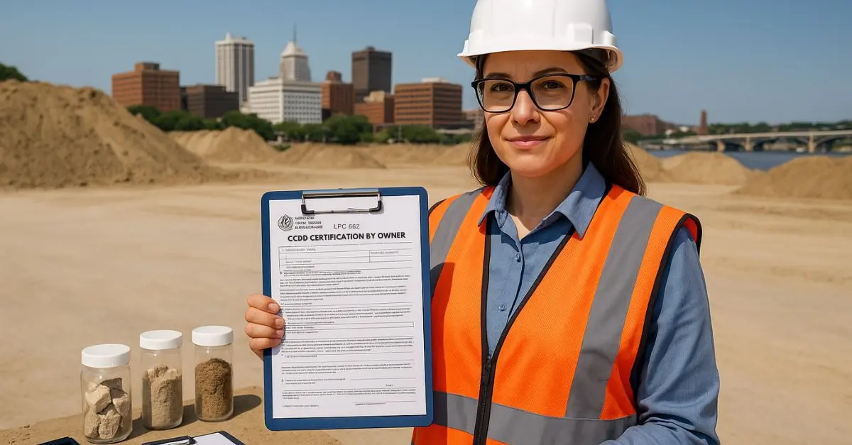Professional environmental consultant in safety gear holding CCDD certification documents (LPC-663 form visible) for clean construction or demolition debris disposal at an Illinois construction site, Peoria skyline in background, clean concrete and soil samples organized nearby, professional clipboard and testing equipment,