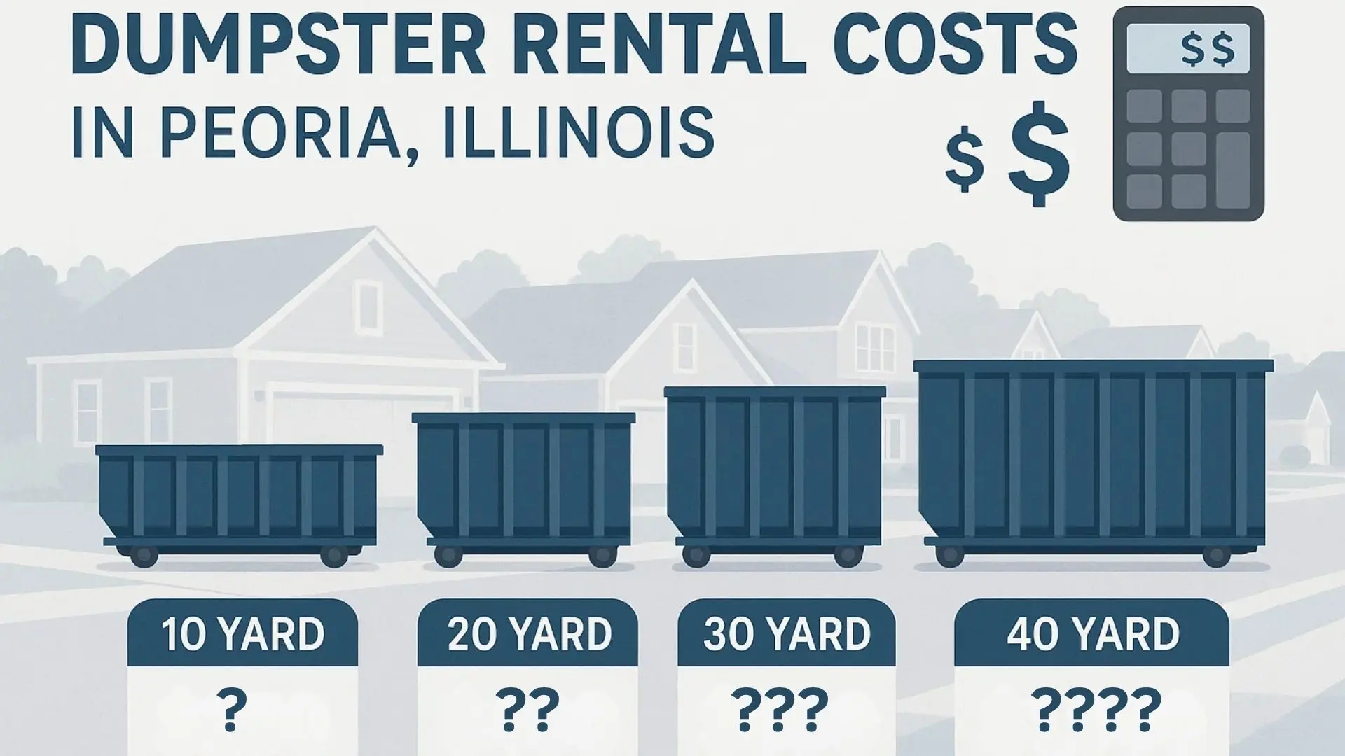 an illustration of 4 dumpsters ranging from 10 yard 20 yard 30 yard and 40 yard with mystery pricing under each to ask the question of dumpster rental cost in Peoria IL