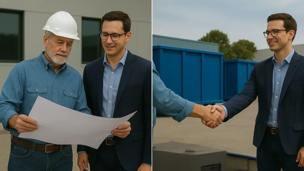 split image of a contractor and the dumpster rental team looking over requirements for the contractor site waste management, then agreeing by handshake on the right hand image