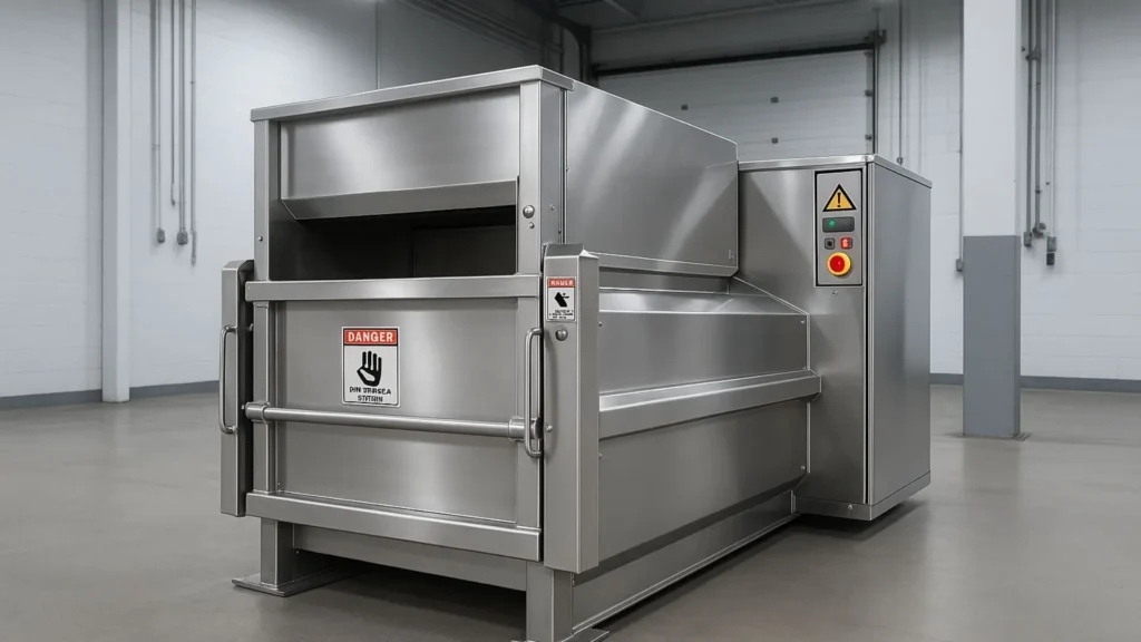 commercial trash compactor upgrade in a clean retail back-of-house area, sleek stainless steel design, safety features visible, bright commercial lighting, showing operational efficiency and cleanliness
