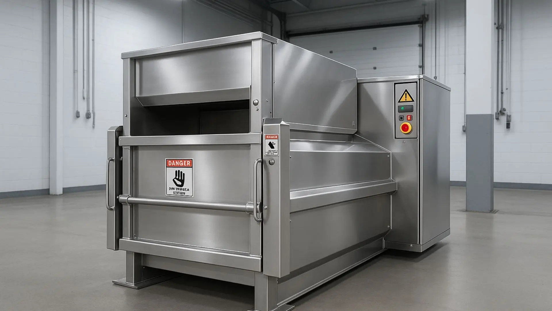 commercial trash compactor upgrade in a clean retail back-of-house area, sleek stainless steel design, safety features visible, bright commercial lighting, showing operational efficiency and cleanliness