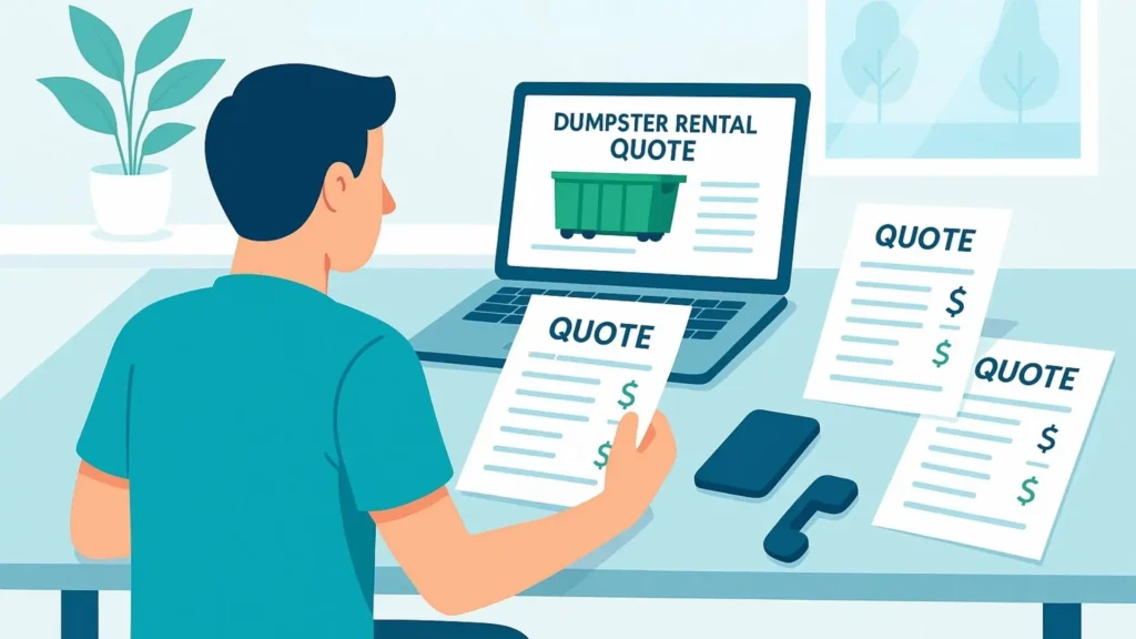 Clean, organized visual showing a checklist or form with key information needed for dumpster quotes: project location, debris type, timeline, etc. Include small icons representing each element (house, debris pile, calendar). Professional, easy-to-read design in blues and whites.