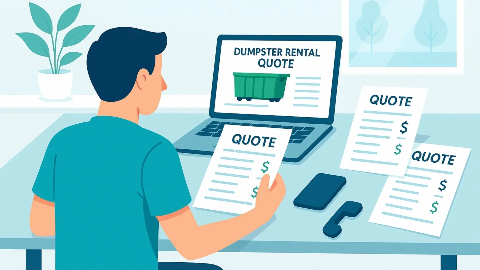an illustration of a man on his computer and holding numerous company quotations as he tries to research about how to get a roll-off dumpster quote effectively