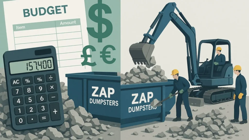 Left side: a calculator, budget spreadsheet, and money symbols to illustrate concrete debris removal estimation. On the right is a Zap Dumpsters container and workers in safety helmets and workwear efficiently loading concrete into the dumpster using appropriate machinery and tools