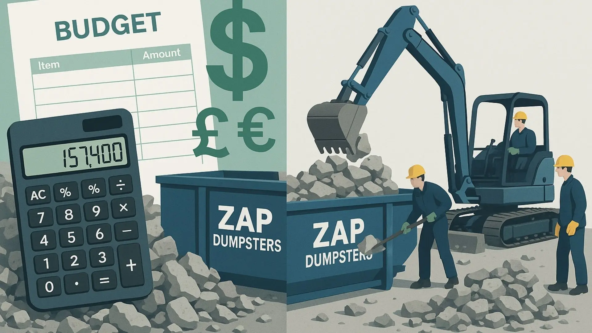 Left side: a calculator, budget spreadsheet, and money symbols to illustrate concrete debris removal estimation. On the right is a Zap Dumpsters container and workers in safety helmets and workwear efficiently loading concrete into the dumpster using appropriate machinery and tools