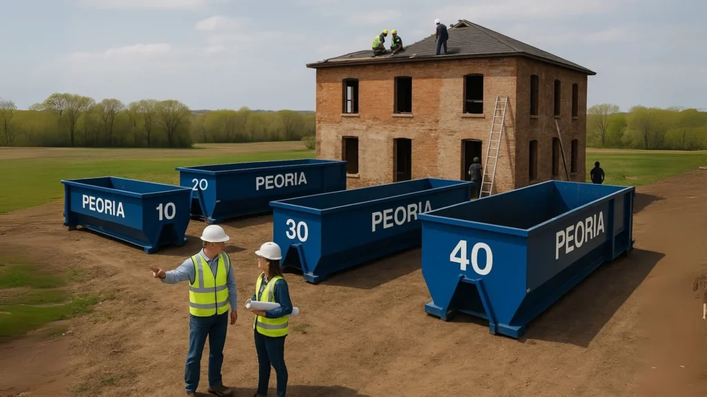 a range of waste containers in front of a property that is being built to illustrate the importance of preparing your construction site for a roll-off dumpster