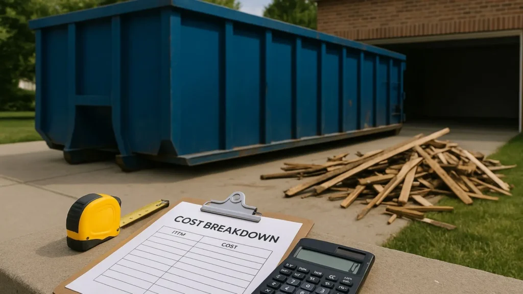 a checklist, pen and tape measure to work out the true cost: rent a dumpster can be much cheaper than professional junk removal teams
