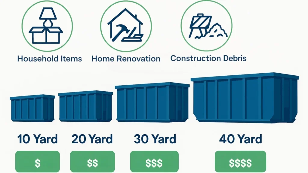 rental dumpster sizes 10 yard, 20 yard, 30 yard, 40 yard and typical uses, with indicative cost multipliers
