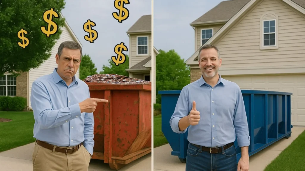 two men with temporary dumpster rental options in front of their houses. On the left is an overfilled dumpster that may cost extra in fees, on the right is a happy customer with a correctly filled dumpster not overflowing