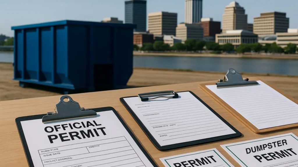 A view of official permit documents and clipboards on a construction table with a roll-off dumpster and Peoria city skyline in the background to help illustrate roll-off dumpster rules