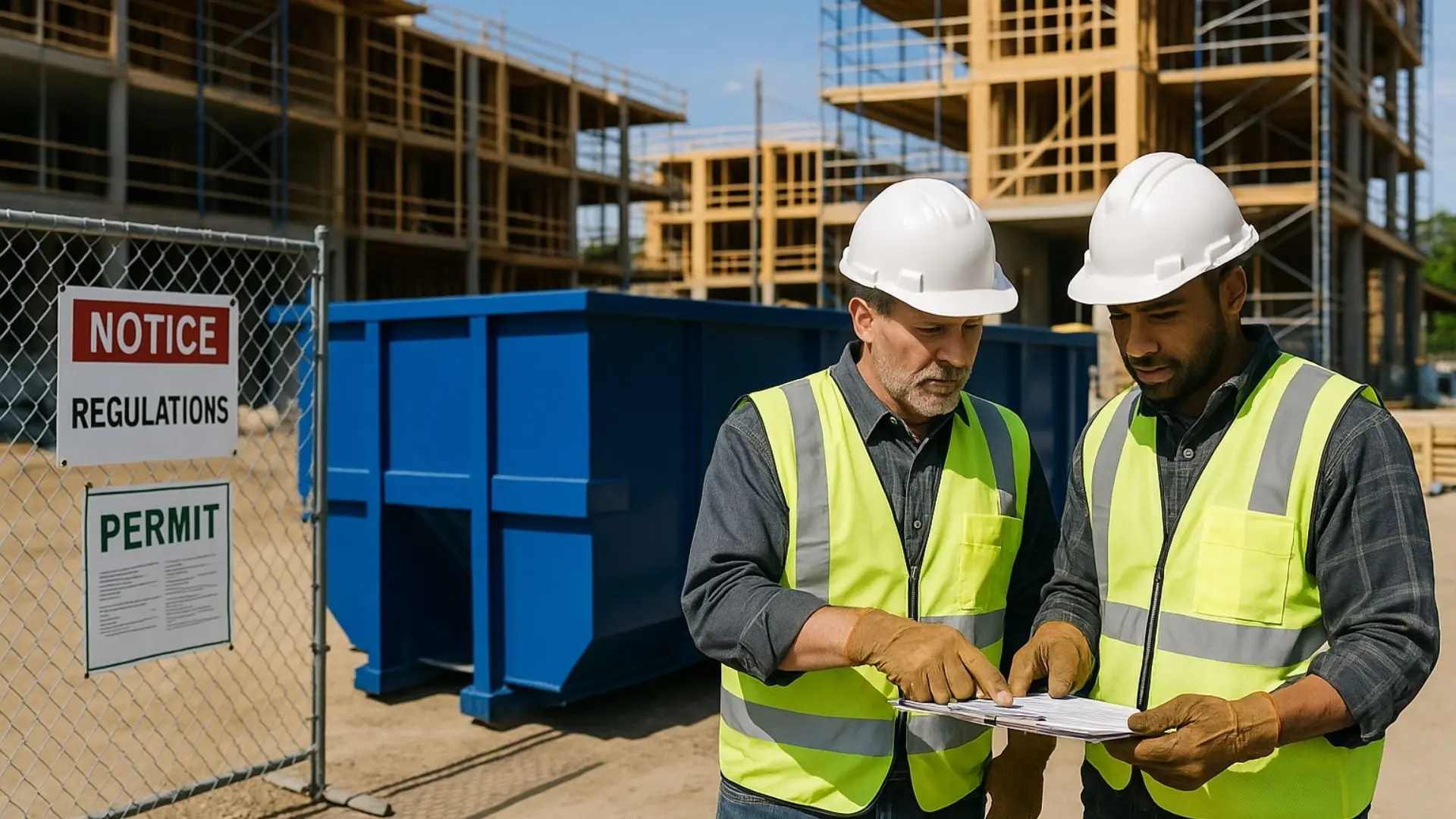 a professional construction site in Peoria with a blue roll-off dumpster properly placed, construction workers wearing hard hats consulting a clipboard with regulations, permits visible on the fence of a clean organized job site