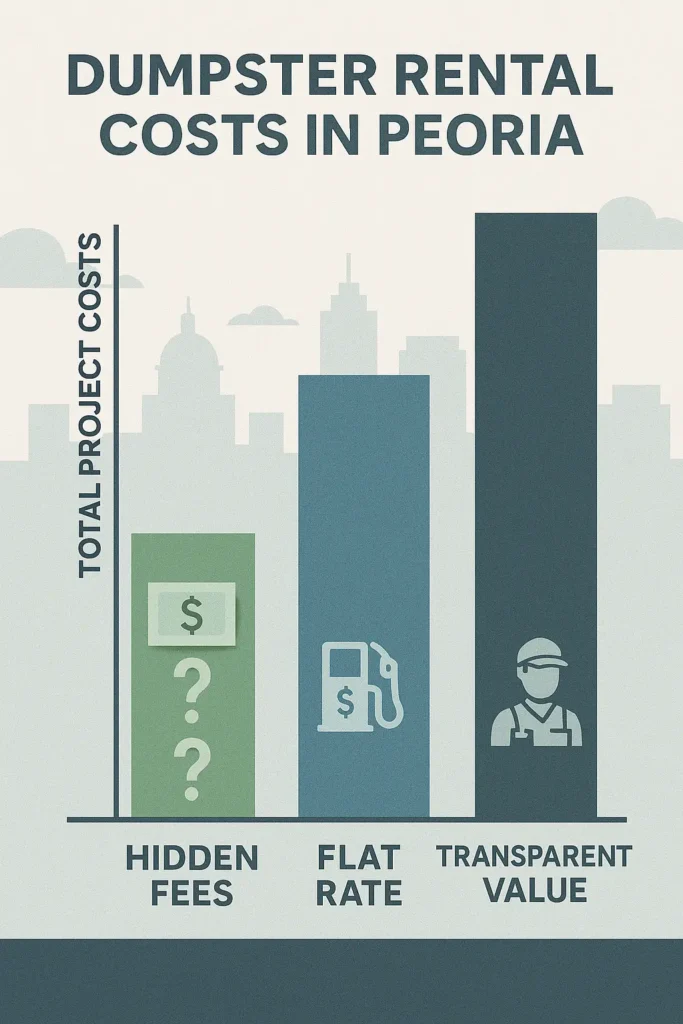 a bar chart showing 3 factors in project costs - hidden fees, flat rates and transparent value - that customers need to consider when selecting a firm to rent from such as toms tubs vs trash daddy vs zap dumpsters peoria