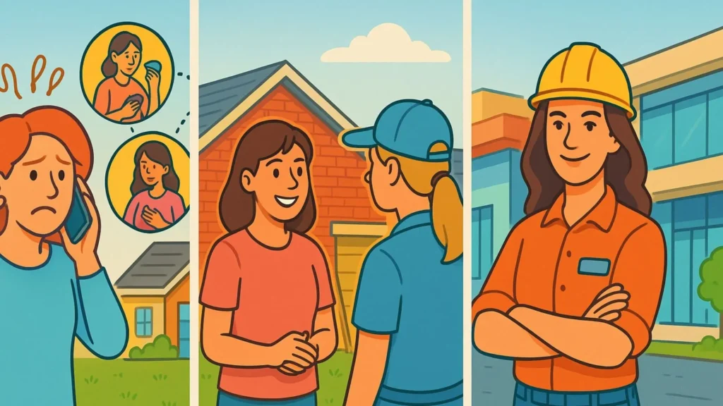 a lady concerned about her dumpster delivery is showing frustration on the phone. she then receives excellent support from her prefeered contractor. Finally the contractor is shown as happy to have helped their client.