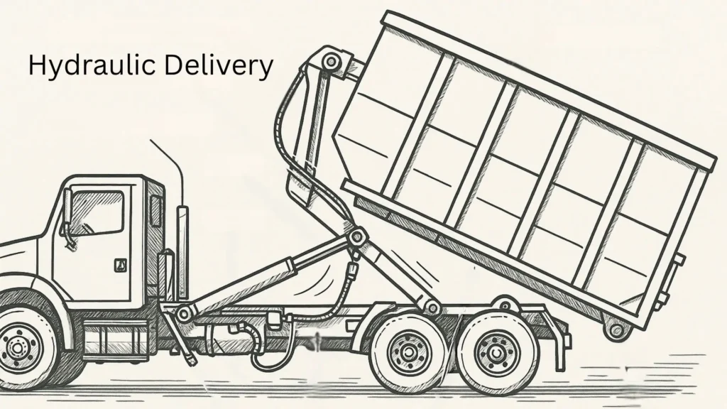 an illustration of a truck lowering a waste container via its hydraulic system to illustrate how does a roll off dumpster work