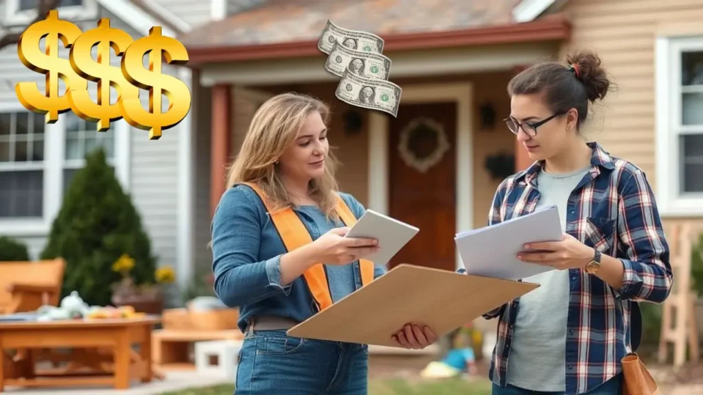 a contractor and a householder calculating the junk removal cost Peoria house with furniture stacked outside.