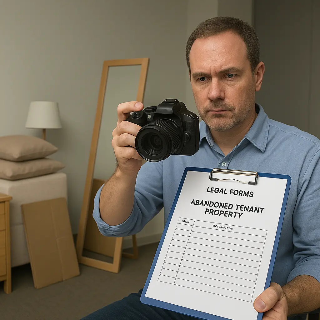 a landlord with a camera and checklist for completing the necessary evidence to document his legal responsibilities towards tenant belongings left behind