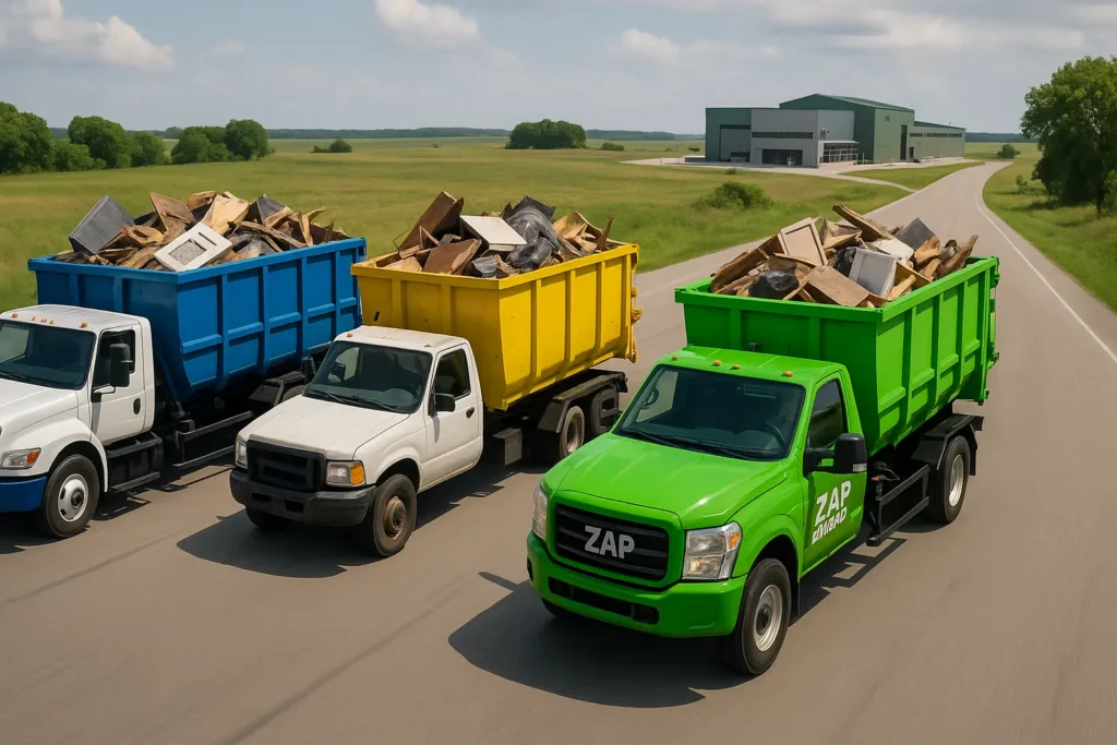 3 dumpsters shown near a disposal facility to compare their capabilities in managing waste removal projects in Peoria Illinois
