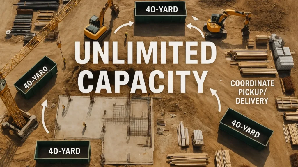 an illustration showing how you don't need to be limited by the single largest dumpster rental such as a 40 yard dumpster, but how scaling up with multiple dumpsters can cater for the larger projects more efficiently with coordinated pickup and delivery