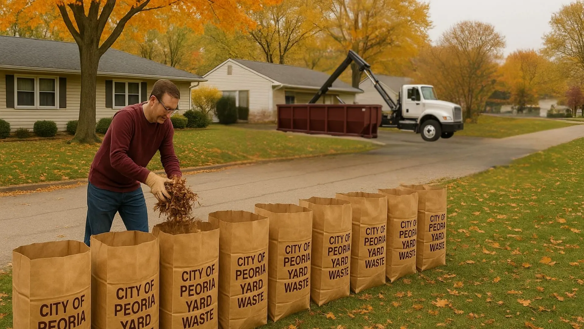 a house holder patiently putting multiple sacks onto the sidewalk for the peoria il yard waste pickup whilst a residential roll-off dumpster is delivered to his neighbor