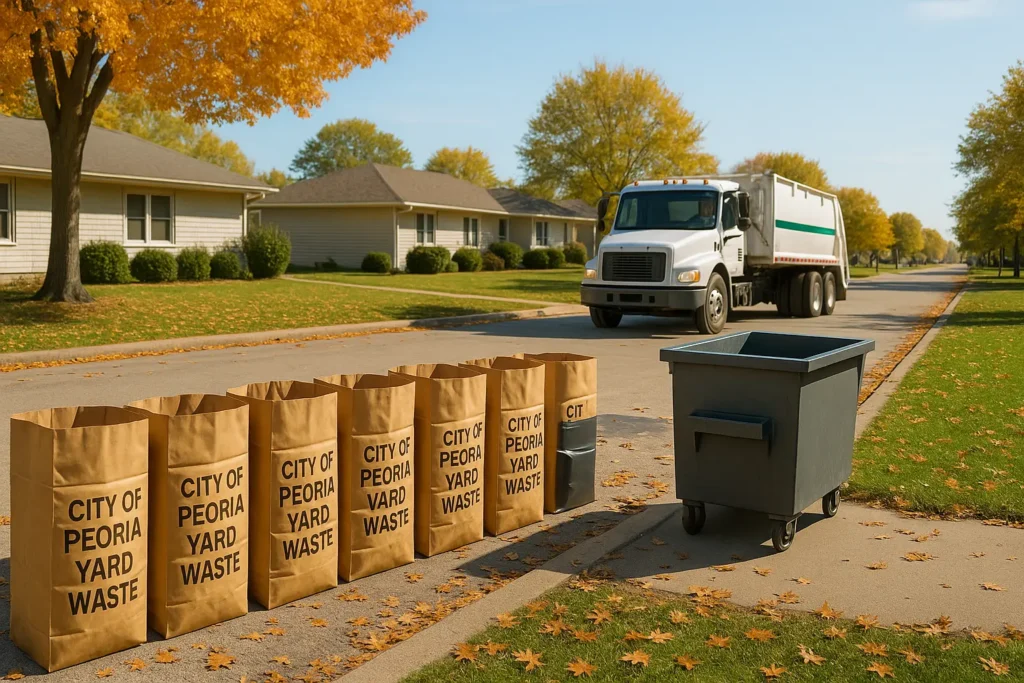 a municipal wagon driving along looking for yard waste sacks to collect, Peoria IL scene