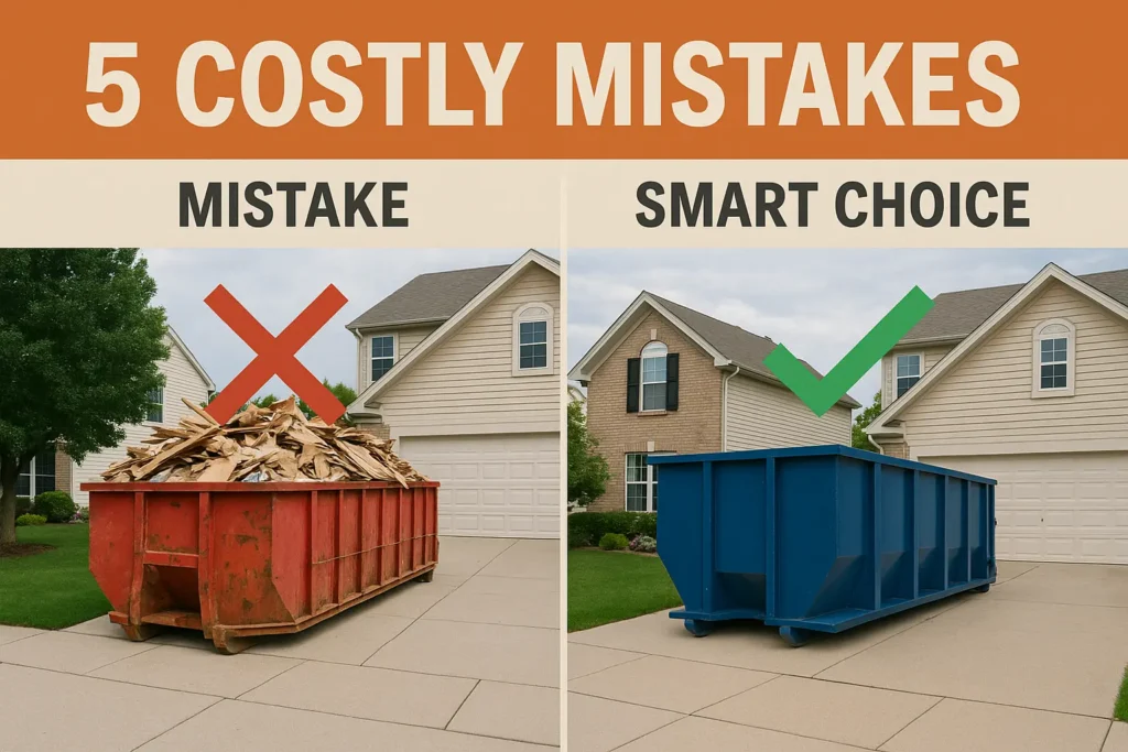 2 dumpsters, he left is overfilled, risking weight excess charges as well as being dangerous. The right dumpster is compliant with the regulation on filling levels and weight
