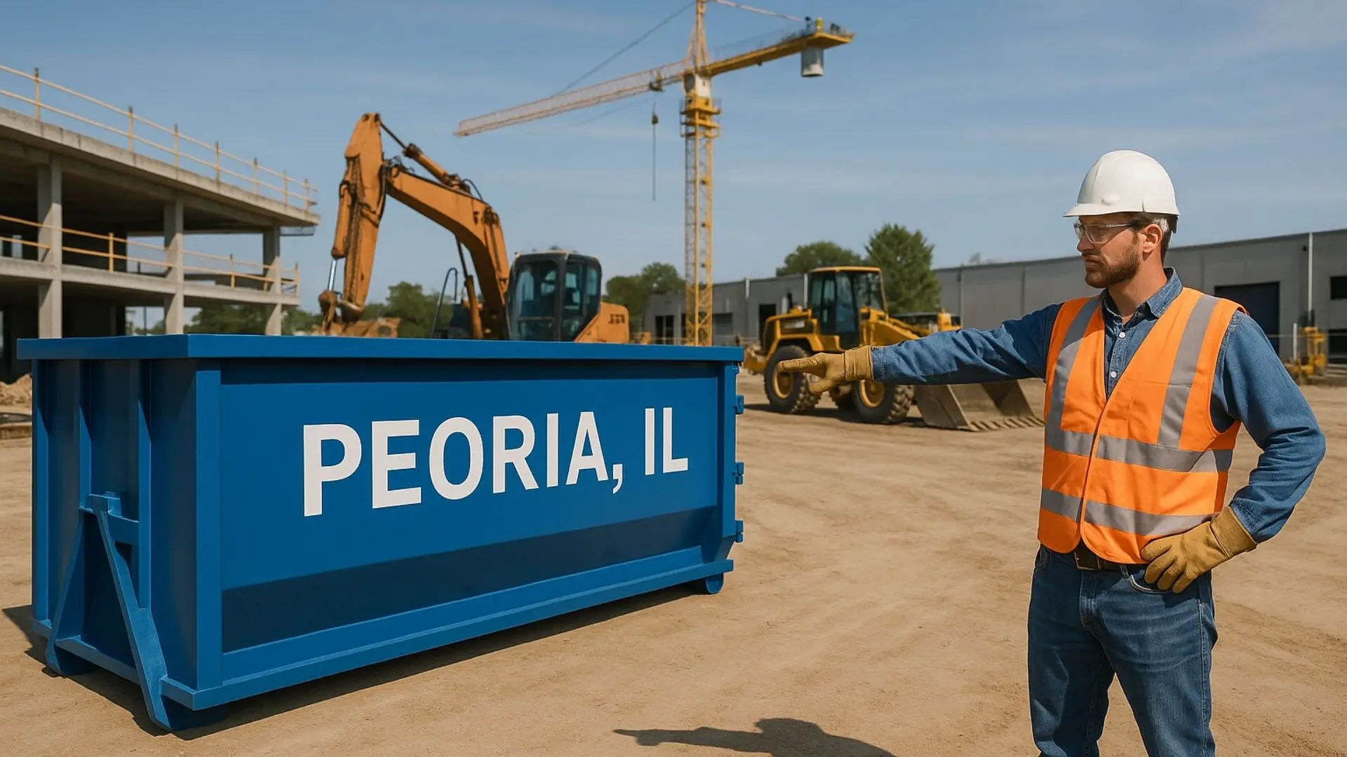 a contractor in safety workwear points at a roll off container procured from a professional Peoria dumpster rental company