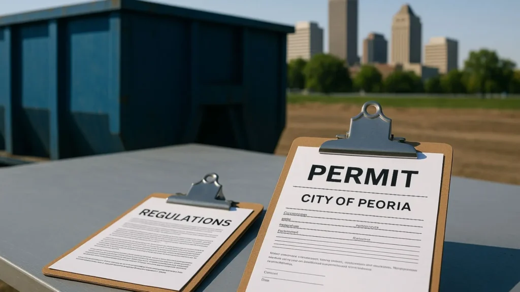an image of a regulations document and a City Permit sat upon 2 clipboards in front of a temporary dumpster rental Peoria IL