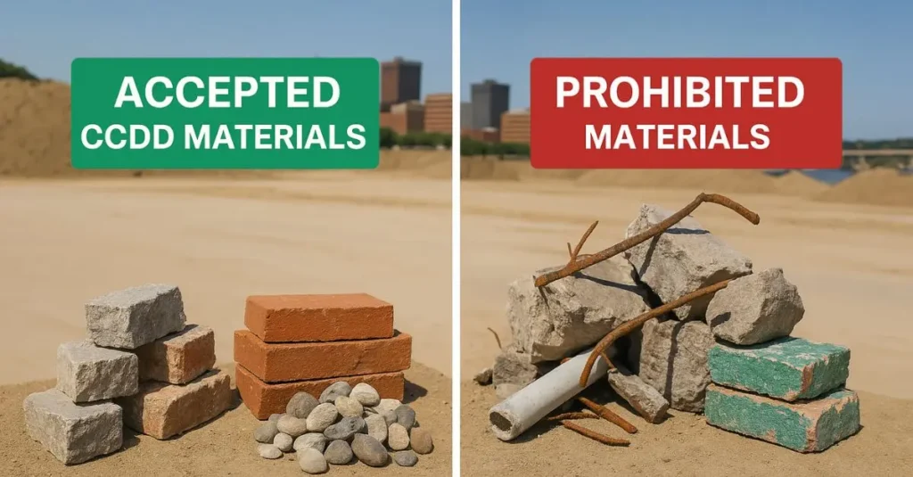 Split-screen professional photo showing accepted CCDD materials (clean concrete without rebar, clean bricks, stone) on left side versus prohibited materials (contaminated debris, painted materials) on right side, Illinois construction site setting, clear labeling