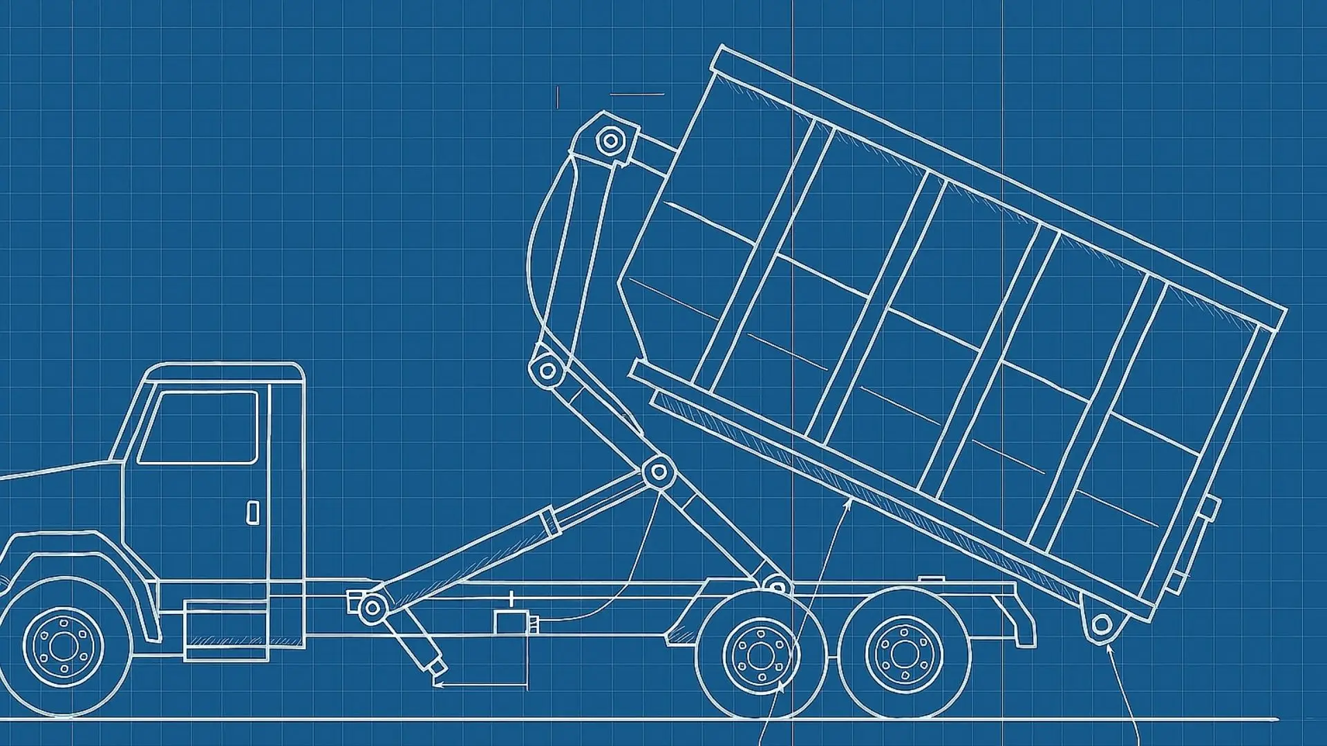 a blueprint of a hydraulic dumpster delivery system from the truck