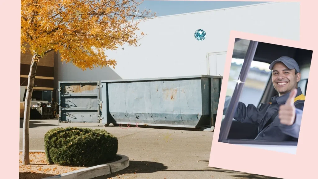 a montage of a waste management container and delivery driver to illustrate how roll off dumpster rental Peoria IL has Zap Dumpsters as a new company in town
