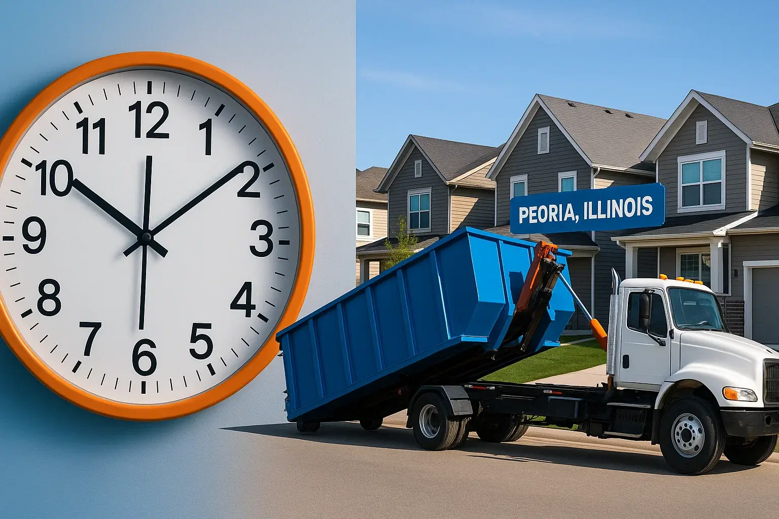 a Peoria IL dumpster rental truck delivers a blue 20-yard roll off dumpster to a suburban setting and lowers it via the hydraulic system. A clock shows a sense of urgency and timing for the customer to get a same-day pickup service